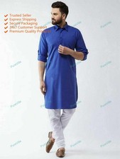 Mens Kurta Plain Traditional Shirts Top Shirt Solid Mens Wear Cotton Blue Kurta