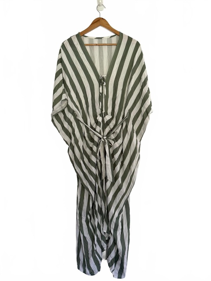Green and White Striped Rayon Kaftan Dress with Tie Waist, Long Length