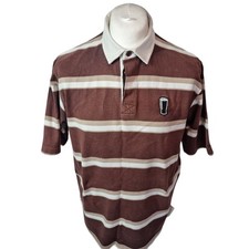 Guinness Polo T-Shirt Mens Large Brown White Embroidered Striped Rubber Buttons