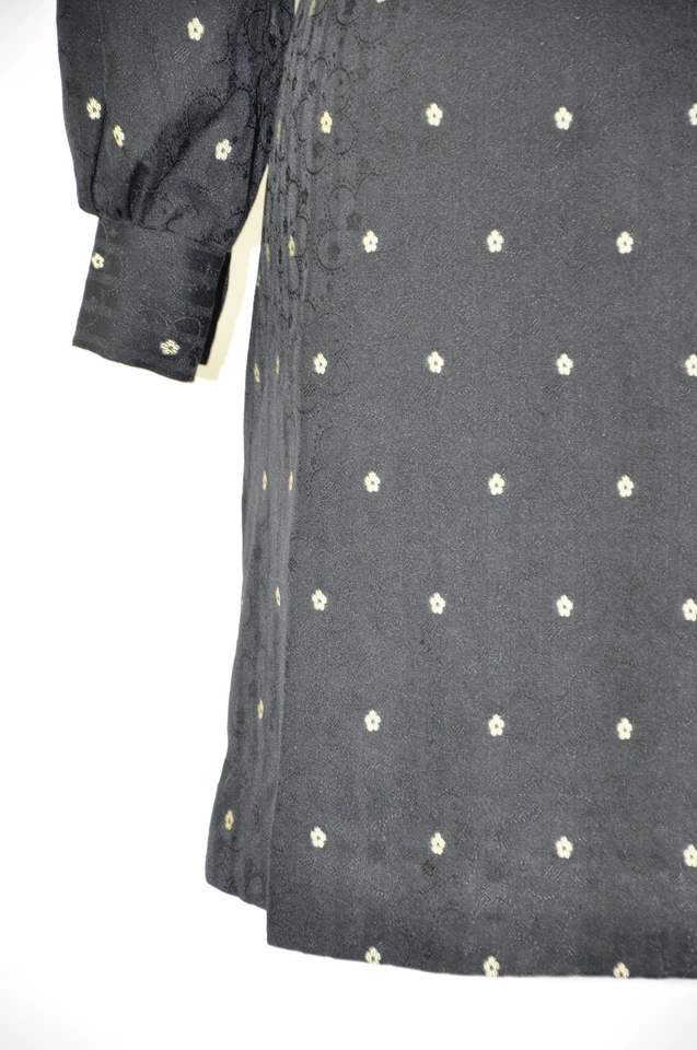 60s Vintage Black Floral Damask Jacquard Poet Sleeve Belted Shift Dress Women S - Image 4 of 4