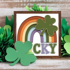 St Patricks Day Lucky Rainbow Wooden Plaque Irish Shamrock Tabletop Decoration