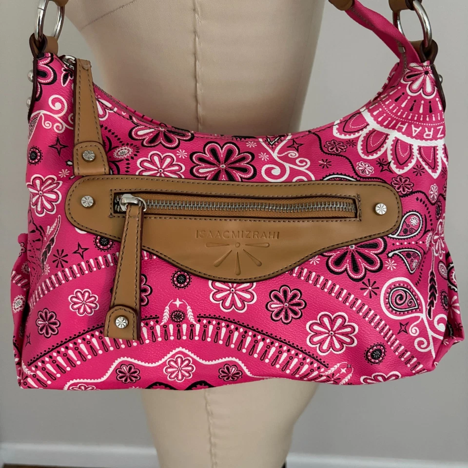 Isaac Mizrahi розовый бандана печать Hobo стиль желтовато-коричневый ПВХ отделка сумка - Изображение 2 из 4