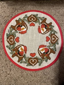 VTG Scandinavian Gnome Elves Christmas 9.5" Dia Doiley Painted Jute Burlap