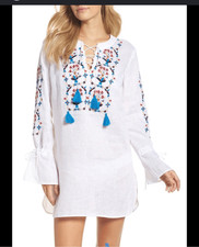 Tory Burch white linen swim cover up tunic M embroidered coastal beach