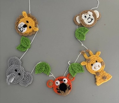 Dschungel Tier gehäkelt Wimpel Girlande Löwe Tiger Elefant Affe Giraffe Kinderzimmer