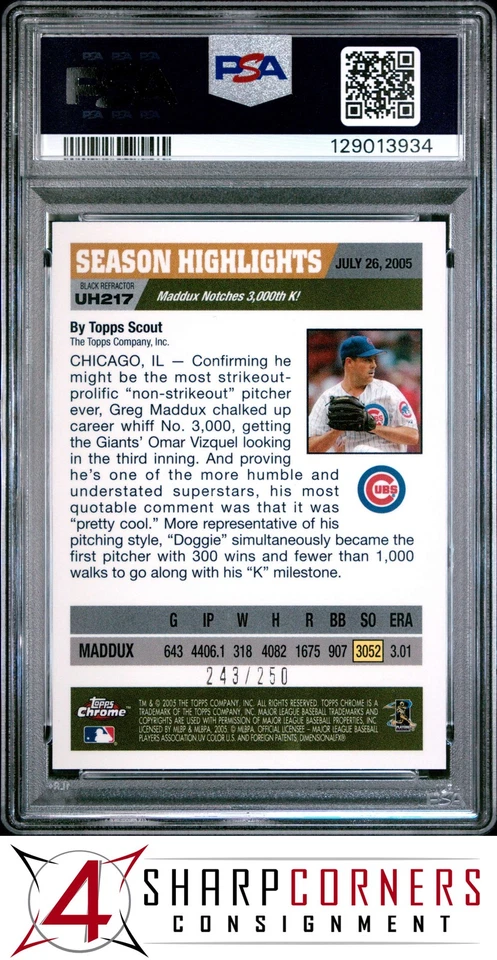 2005 TOPPS CHROME UPDATE HIGHLIGHT BLACK REFRACTOR GREG MADDUX #/250 POP 1 PSA 8 - Image 2 of 3