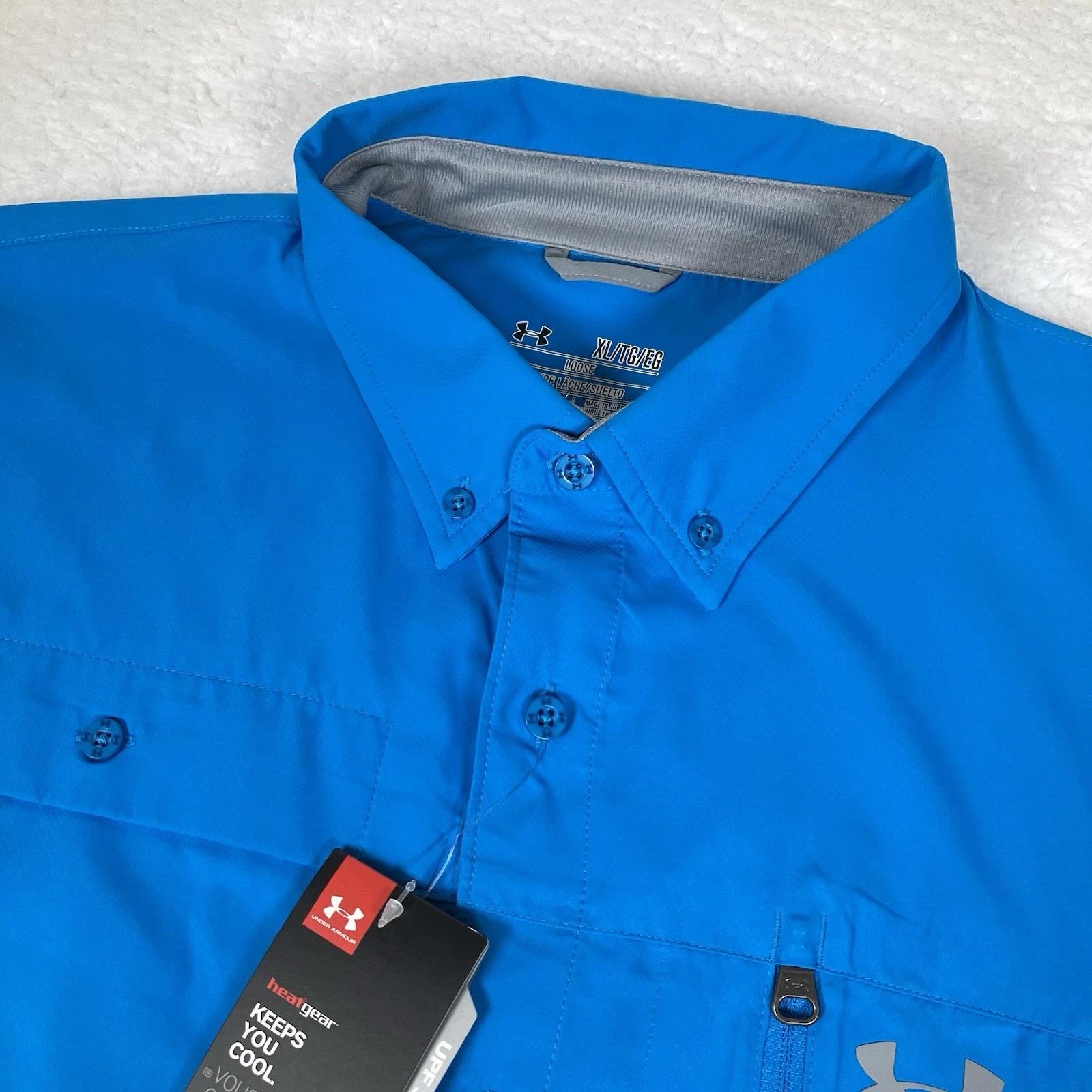 NEW Under Armour Heatgear Bright Blue S/S Button Down Performance Shirt XL Loose