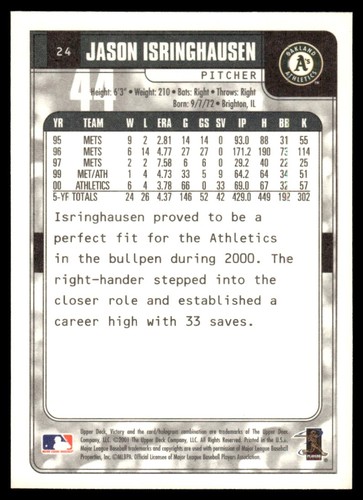 2001 Upper Deck Victory Jason Isringhausen Oakland Athletics #24 - Picture 2 of 2