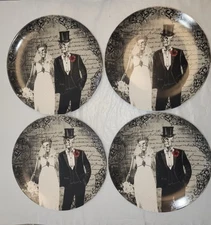 4 pk Harvest Green Studio Halloween Bride Groom Skeleton Dinner Plates Black NIB
