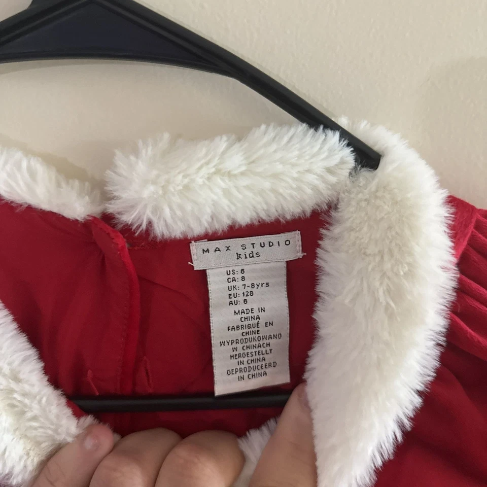 Vestido navideño de terciopelo rojo con cuello de piel sintética talla 8 para niñas Foto 4 de 4