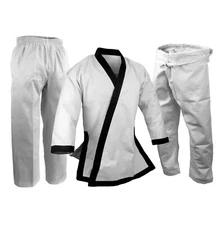 10 oz Tang Soo Do Uniform Gi  White w Black Trim Cotton Medium Weight with Cuffs