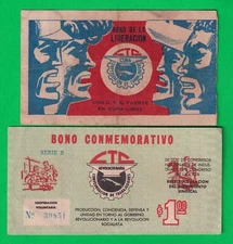 Set of 2 rare bonds from the Cuban Workers' Union (CTC), 1959-1961