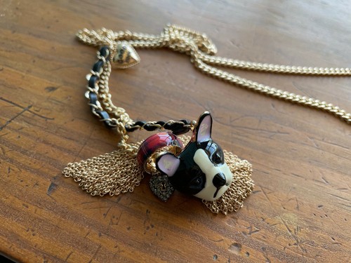 BETSEY JOHNSON Long French Bulldog Pendant with Chain Fringe Necklace - NWT - Picture 9 of 12