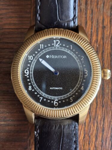 Heritor Automatic Textured Face Leather-Band Watch 20 Jeweled Movement Gold