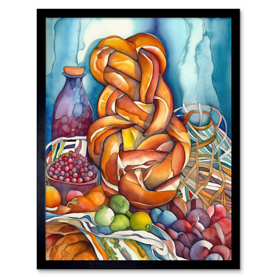 Jüdische Challah Brot und Obst moderne Volkskunst gerahmtes Kunstbild Druck 12x16