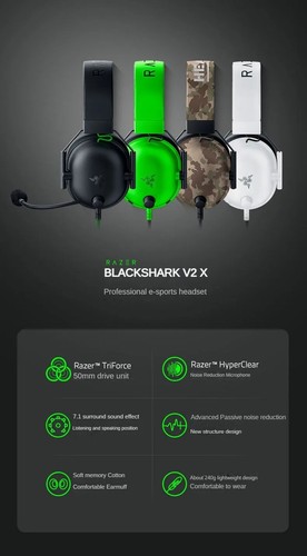 RAZER BlackShark V2 X Gaming Headphones Wired Over Ear Headset Earphones Mic AU - Afbeelding 2 van 15