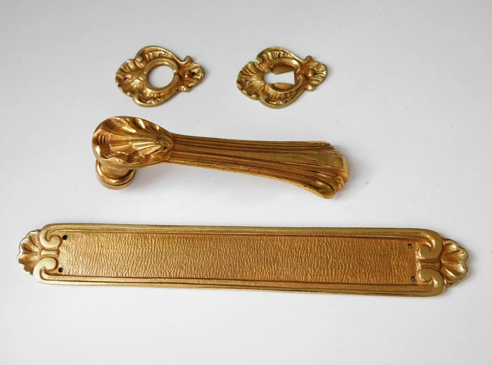 Ensemble, Ancienne Poignée,Plaque de Propreté et Rosaces,Bronze Doré, Régence - Photo 3/4