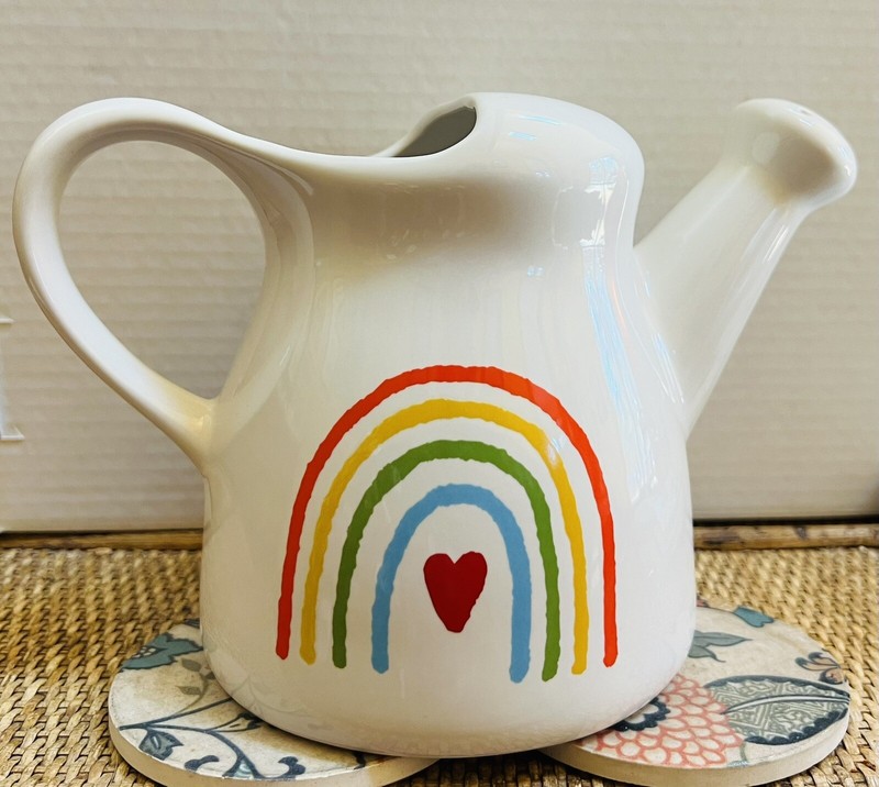 Rae Dunn Summer Downpour Rainbow Design Two Sides Ceramic Pitcher Watering Can