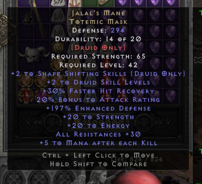 Diablo 2 Resurrected D2R: High Stat Jalal's Mane Totemic Mask - SC -PC - NL
