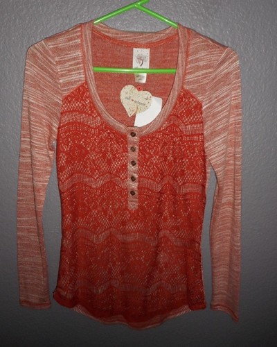 SELF ESTEEM LONG SLEEVE SHIRT RUST LACE HENLEY TOP JUNIORS SMALL NWT NEW - Picture 5 of 9