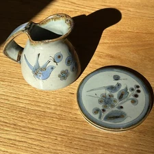 Edwards El Palomar Bird Pottery 4.5" Pitcher & Trivet SIGNED Tonala Mexico VTG
