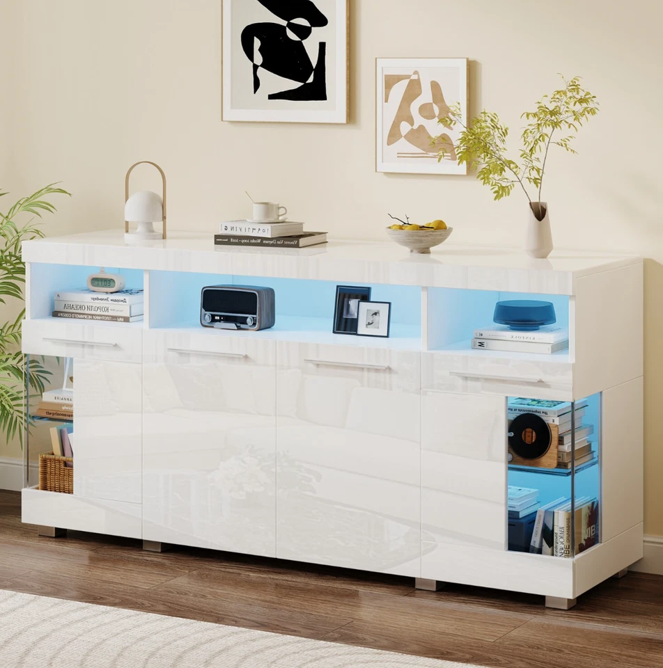 Moderner Sideboard Kommode Anrichte Schrank mit LED Beleuchtung Weiß Hochglanz - Bild 1 von 4