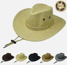 Summer Sun Bucket Cap Western Cowboy Fedora Straw Linen Mesh Hat Wide Big Brim
