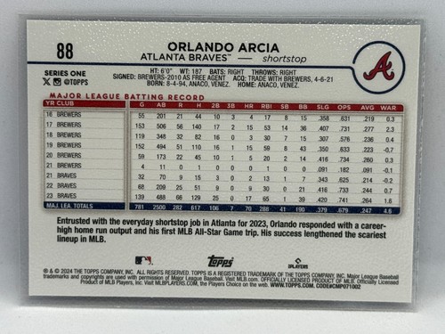 Baseball Orlando Arcia 2024 Topps Serie 1 Nr. 88 - Bild 2 von 2
