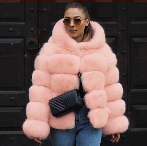 Fashion Womens Warm Fur Jacket Hood Spliced Faux Fox Fur Winter