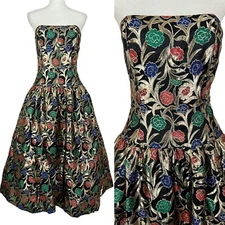 Victor Costa 1980's Gold Strapless Prom Cocktail Dress Floral Tulle 12 Gorgeous
