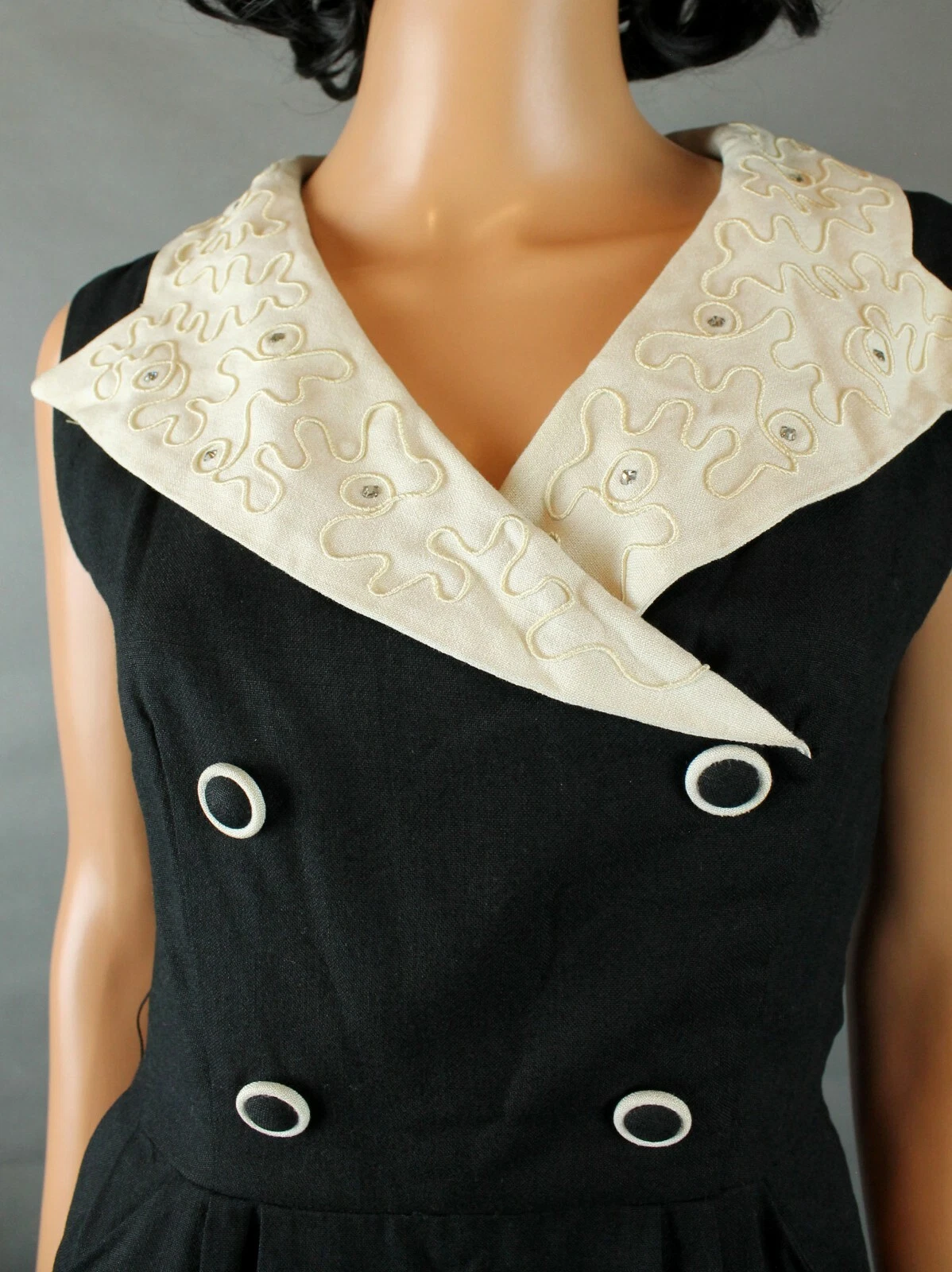 OFF WHITE Abito da cocktail vintage anni '40 taglia S nero scuro lana bianca senza maniche strass