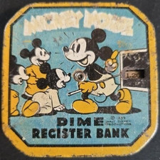 Vintage 1939 Mickey Mouse Dime Register Bank Tin Disney Character RARE