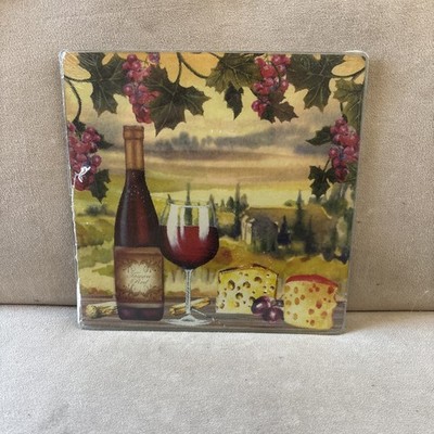WINE & CHEESE Kitchen Square Glass CUTTING BOARD Vineyard Bottle Grape NEW