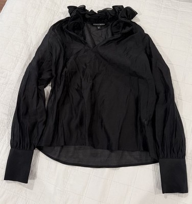 Boston Proper Women s M Black Ruffle Sheer V-Neck Blouse Long Sleeve