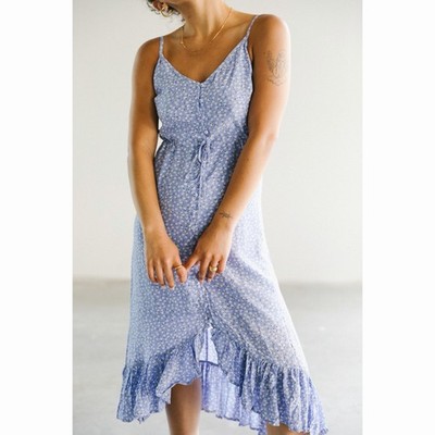 Rails Frida Daisy-Print High-Low Ruffle Floral Midi Dress In Sky Blue Size S