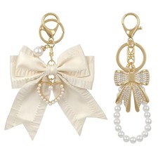 2Pcs Cherry Keychain  Pearl Bow Keychain, Sparkly White  Rhinestone Bow