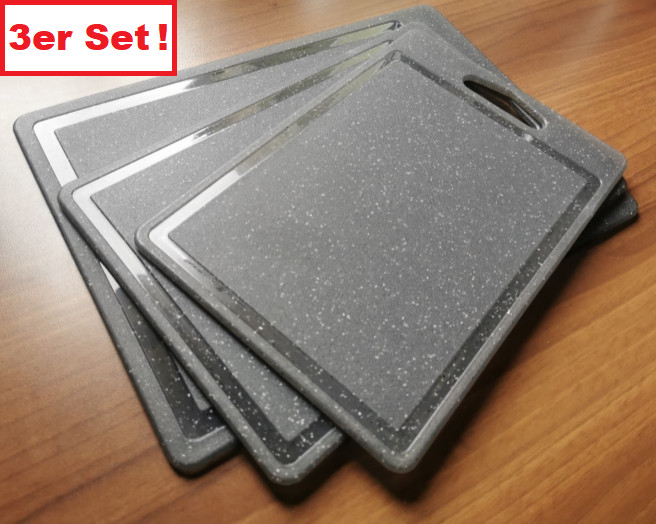 3x Schneidebretter Set Kunststoff Schneidebrett grau Spülmaschinenfest Saftrille