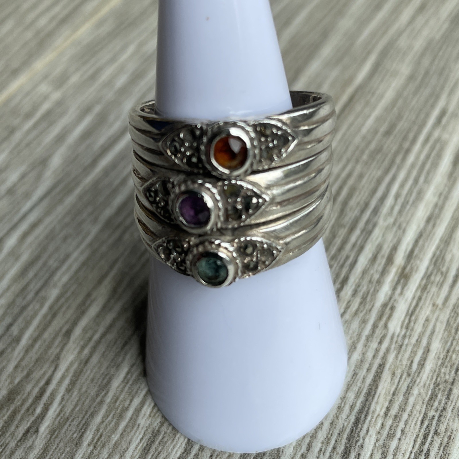 925 Sterling Silver Triple Stack Ring with 3Gem s… - image 1