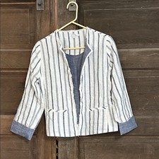 CHICO'S Stripe 100 Linen Frayed Jacket In White and Blue Size 0 4 