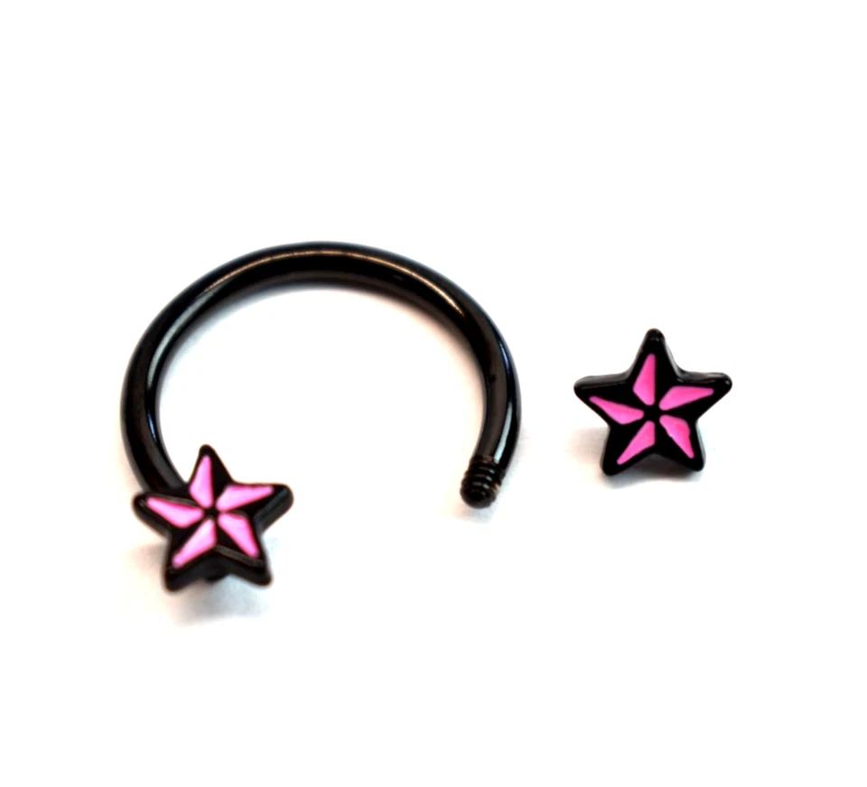 Par Pendientes Anillo Pezón Barra Circular Herradura Estrellas Negras Rosa Calibre 14 Foto 3 de 3
