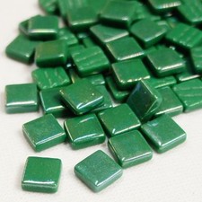 50 Tiles - 12 mm Iridescent Spruce Green Glass Square Mosaic Tile Pieces