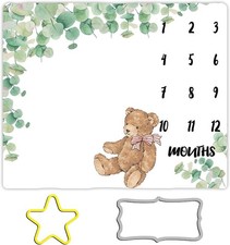 Baby Monthly Milestone Blanket,Green Leaves 48"x40", Green Wreath Bear
