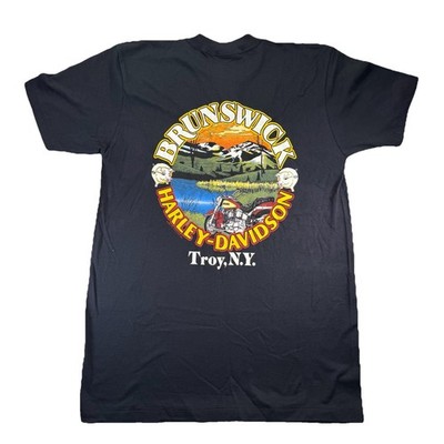Harley Davidson Shirt Mens L Black 1980s Henley USA TROY Brunswick Mountains VTG