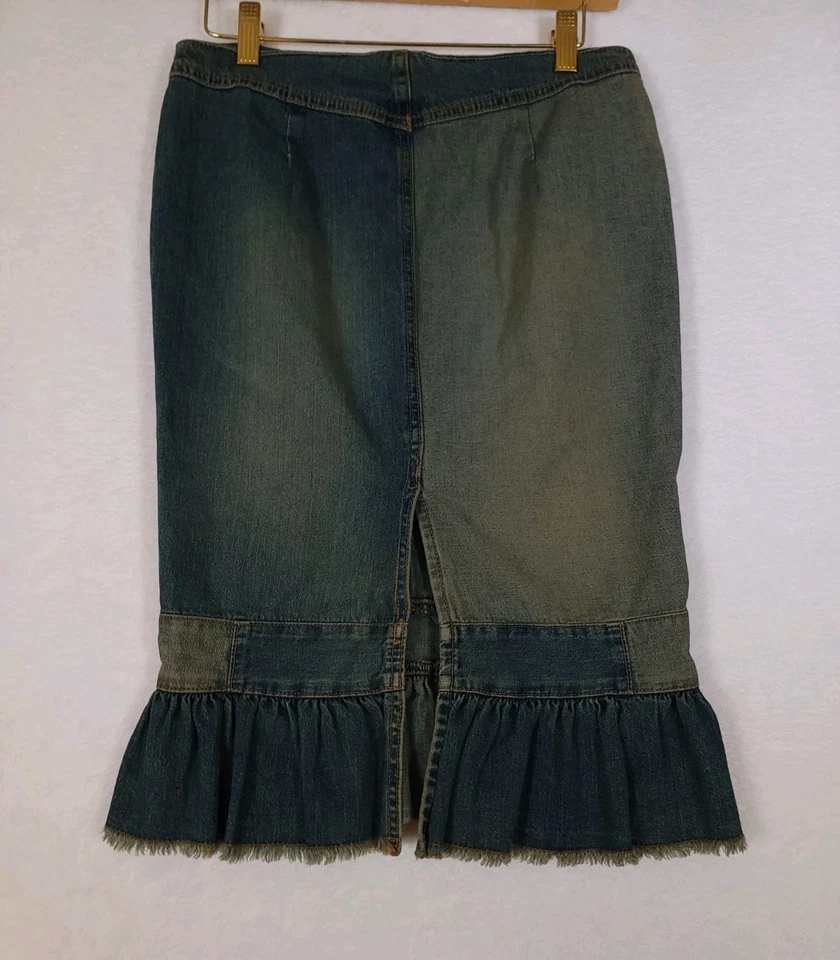 Falda Bebe De Colección Para Mujer Talla 2 Lavado Oscuro Abertura Trasera Volantes Botón Dobladillo Falda EE. UU. Foto 2 de 4