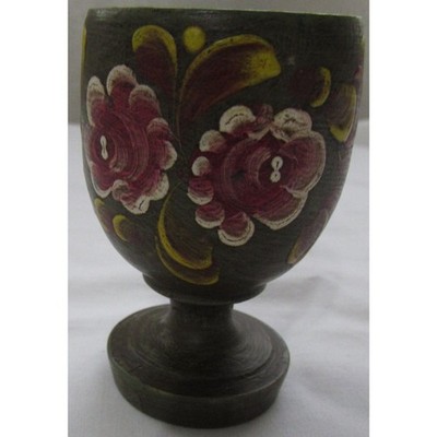 Wooden hand painted egg cup flowers floral dark green hand turned Easter