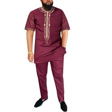 Men's African Clothes Set Embroidery Shirt and Pant 2-Pieces Dashiki Outfit S...