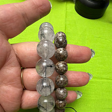 81-Set of 2 Beaded Stretch Bracelets, clear, quartz, Brown Round natural ston