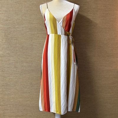 Bohme Dress Womens S Multicolor Vertical Stripe Linen Blend Wrap Sleeveless Midi