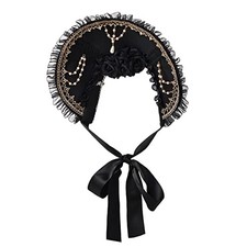 Girls Women Tea Party Sun Hat Victorian Lace Flowers Bonnet Hat Folded Black