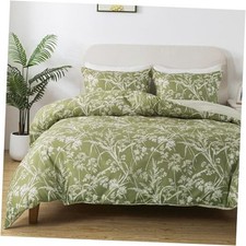 Floral Duvet Cover Set Size,3pcs Reversible Pattern-Solid Queen Sage Green